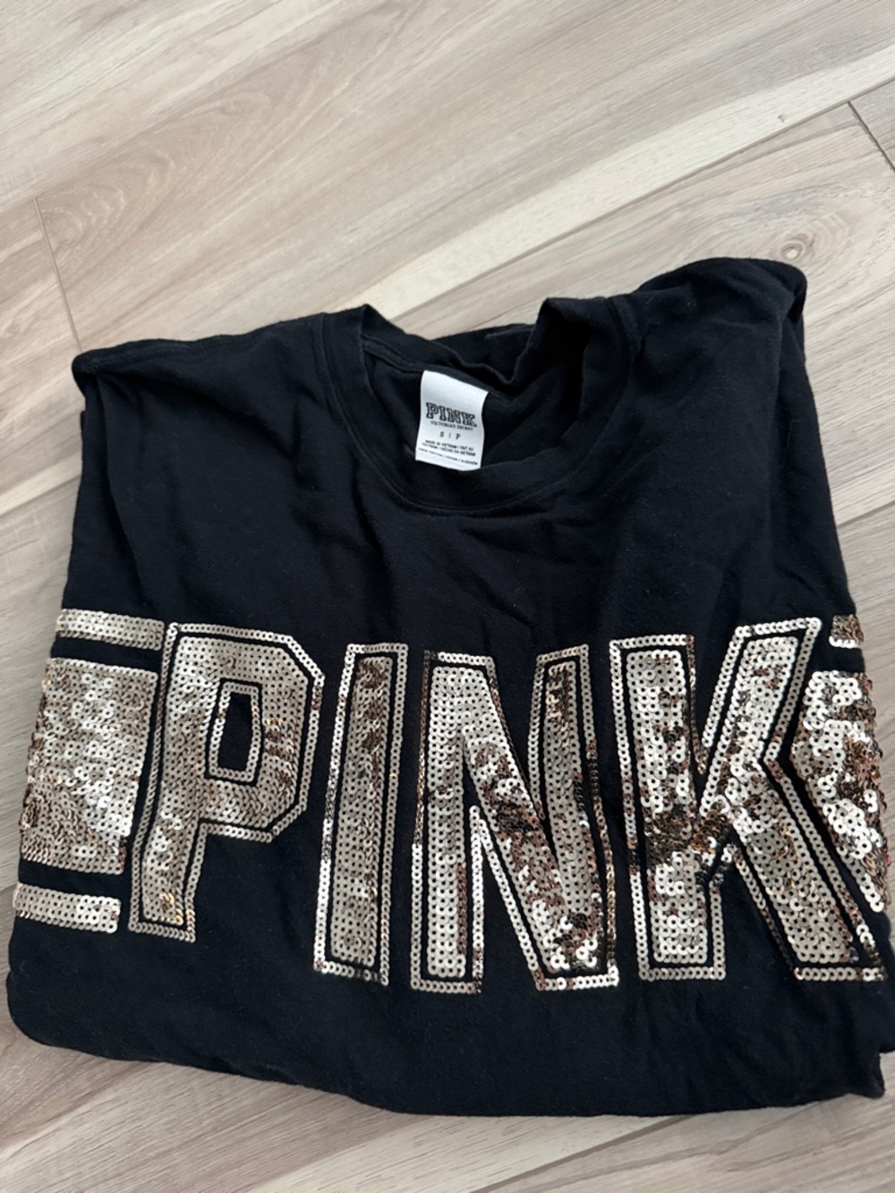 PINK Victoria's Secret Black Long-Sleeve Tee with Gold Sequin Logo